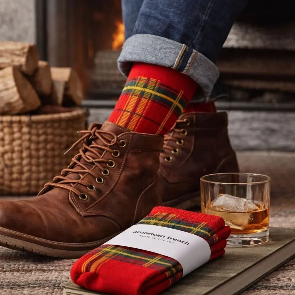 American Trench McCallister Plaid Sock Red Green Tartan High Crew Men’s 7-12 USA